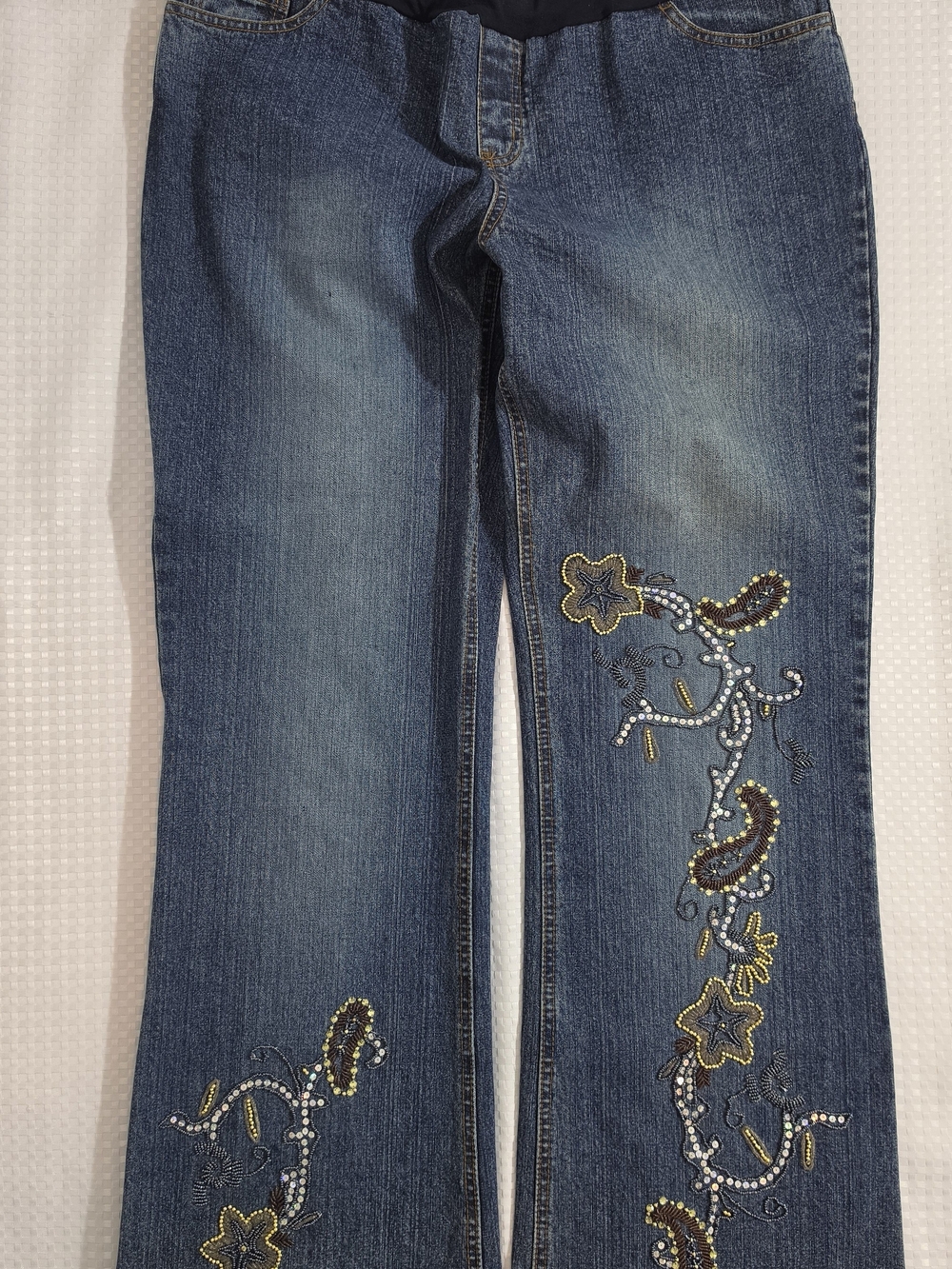 Vintage Carole Little Maternity Jeans L Y2K Embroidered Beaded Sequin Flare EUC